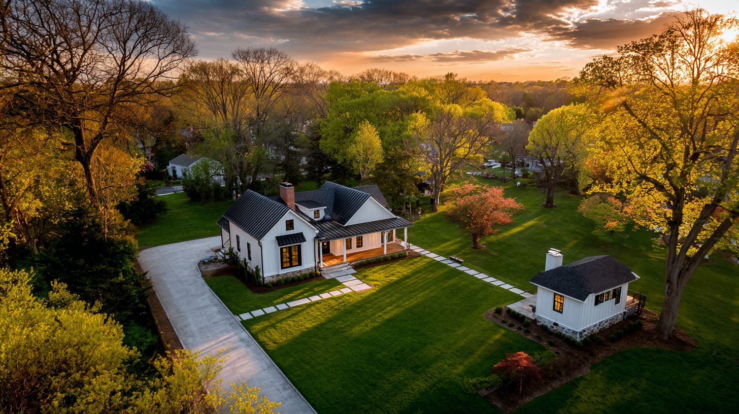 Aerial view of a Maryland property with a main house and a detached backyard ADU cottage
