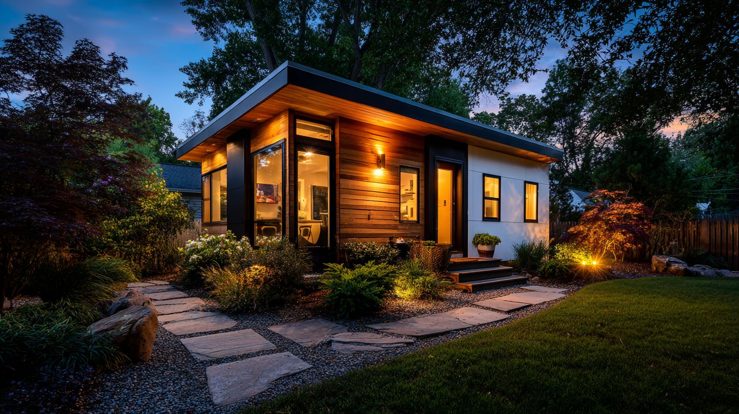 Contemporary detached backyard ADU with cedar accents lit at dusk
