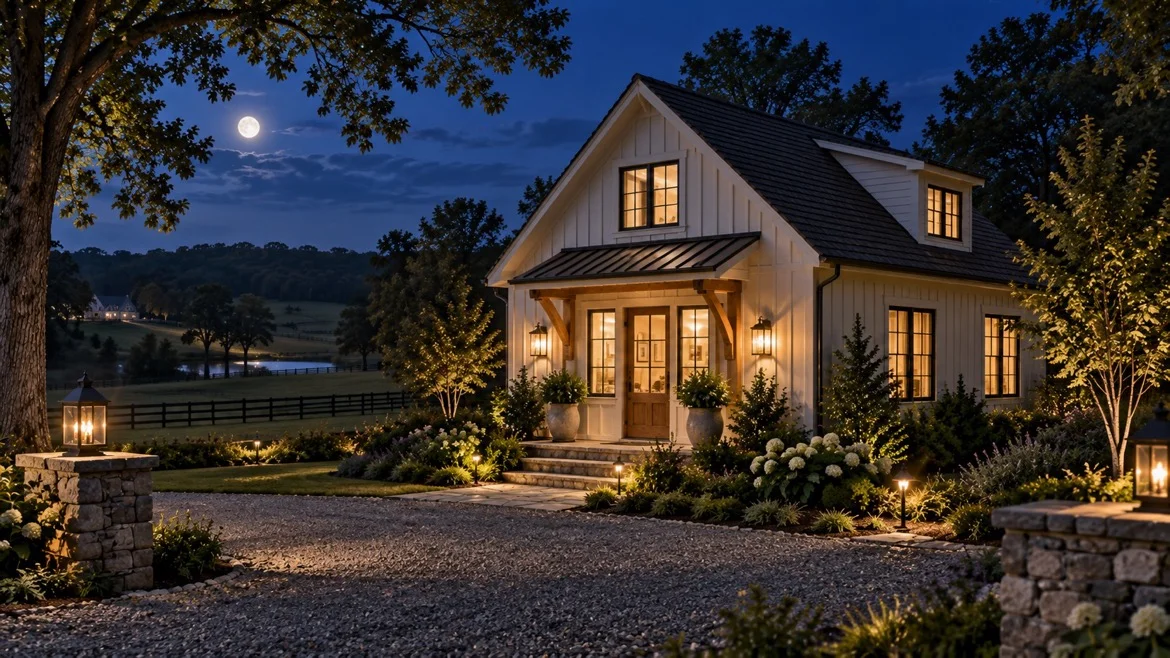 adu-vs-attached - Byrd Design and Build Cozy white cottage at night with warm interior lights, stone steps, and a well-kept garden along a gravel driveway under a moonlit sky.