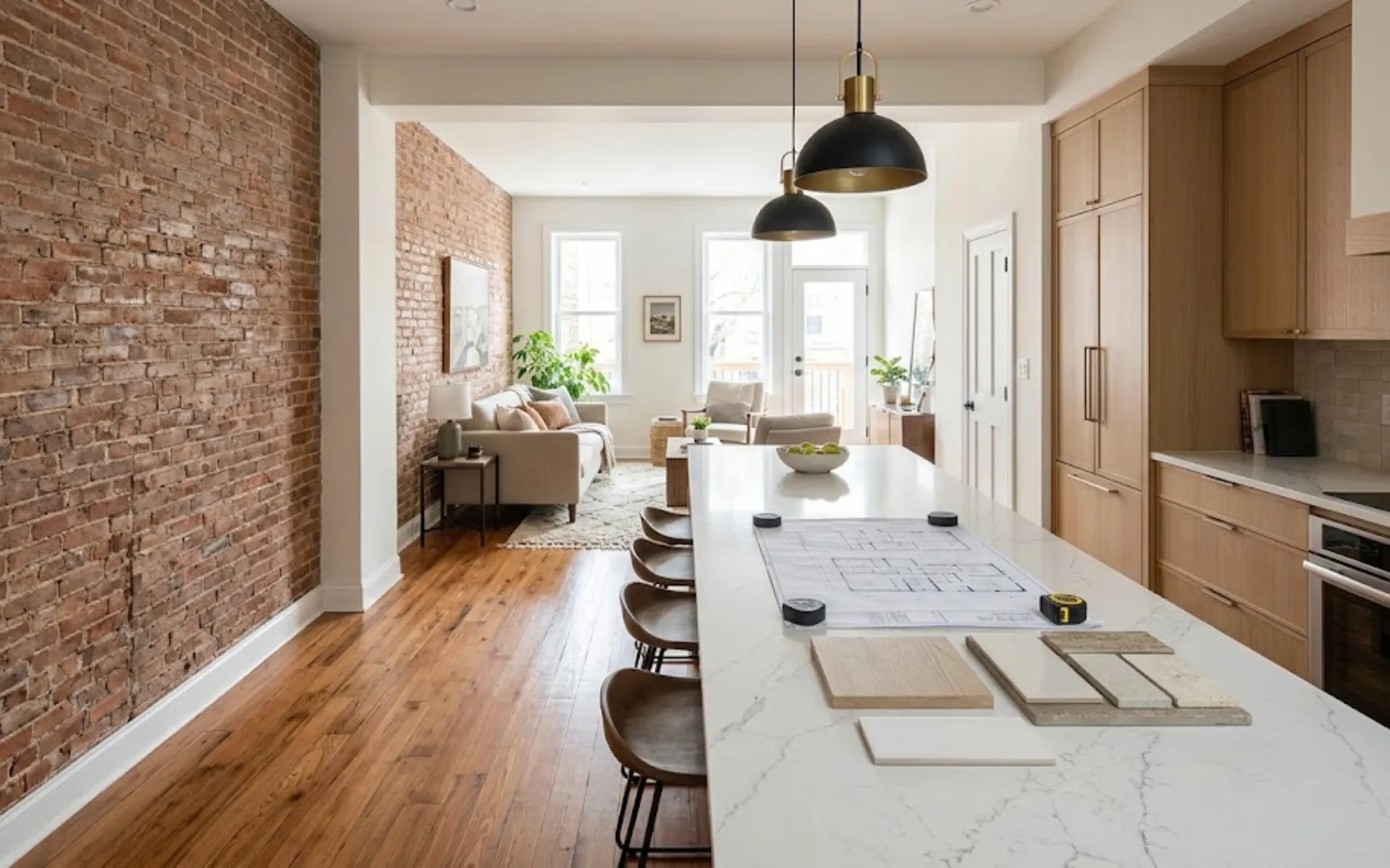 Design-Build vs a General Contractor for a Baltimore Home Renovation - Byrd Design and Build Open-plan living area with a brick accent wall, marble island, and wooden floors, featuring a seating area by large windows.
