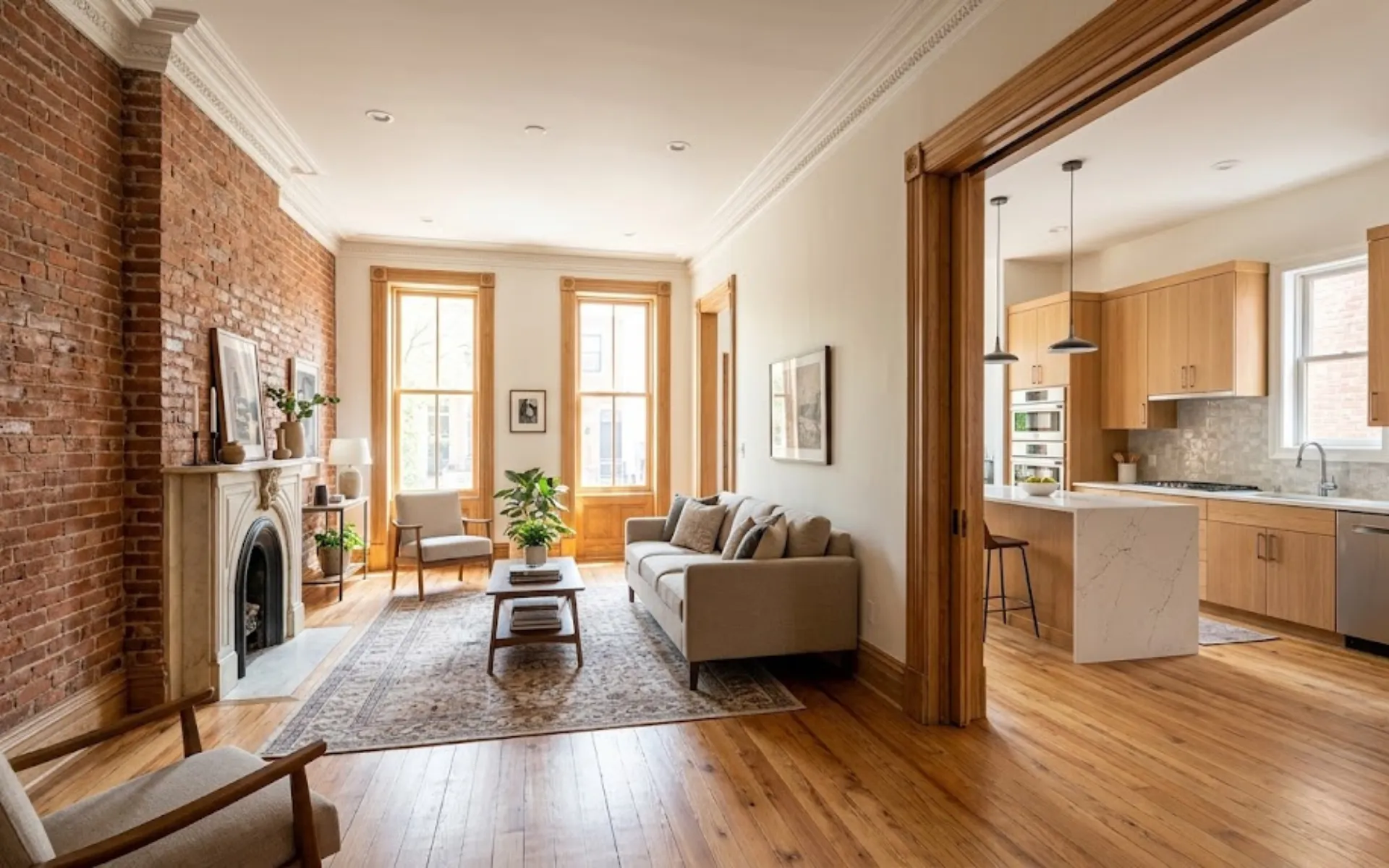 Historic Rowhouse Renovation in Baltimore - What to Investigate Before You Renovate - Byrd Design and Build Spacious living room with brick wall, white fireplace mantel, and mid-century chairs, leading to a bright kitchen island area by large windows